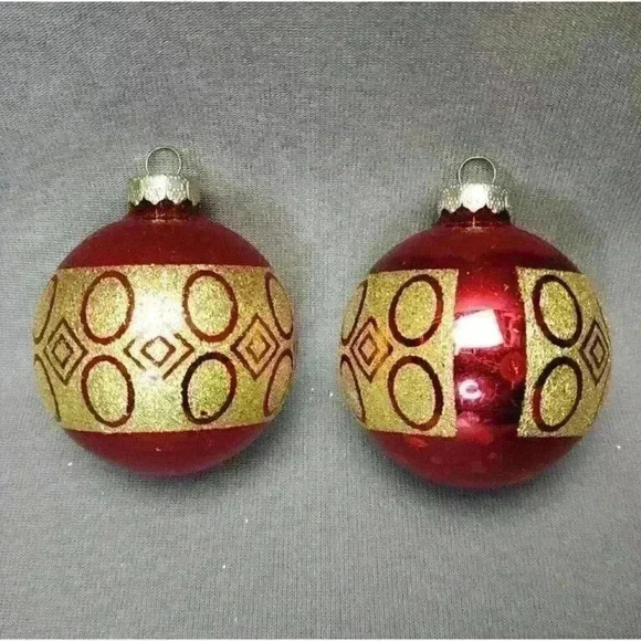 Vintage Rauch Red & Gold Glitter Mercury Glass 2.5" Ball Christmas Ornaments (2) - Picture 2 of 5